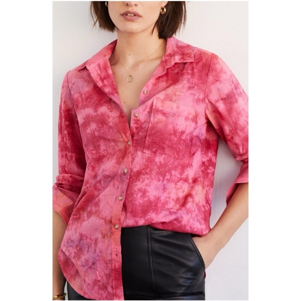 Pilcro Anthropologie The Cate Embroidered Pink Tie Dye Button Down Shirt Size 3X